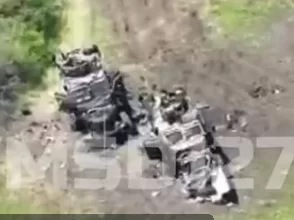 Уничтоженная колонна ВСУ из танка Т-64БВ и четырех бронеавтомобилей M1224 MaxxPro